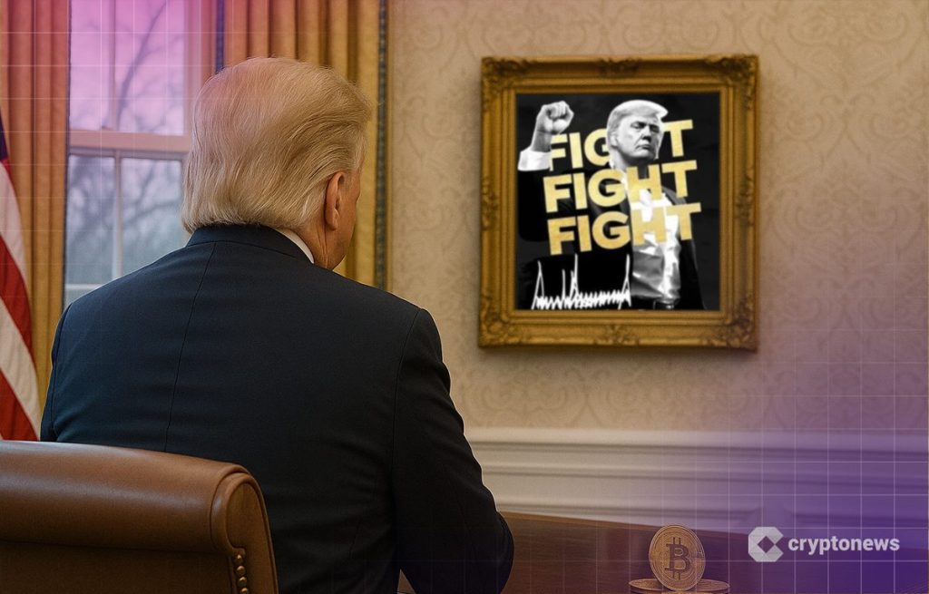 ظهر دونالد ترامب وهو جالس ينظر إلى لوحة تحمل شعار عملته TRUMP