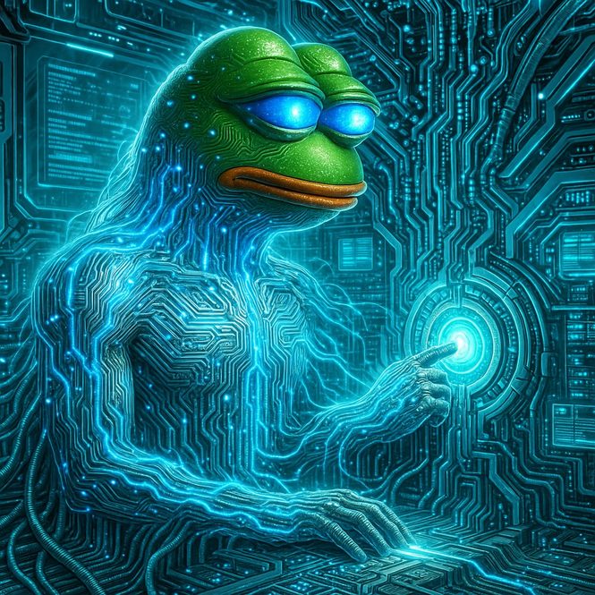 ضفدع MIND of Pepe يجلس بين دارات رقمية مستقبلية