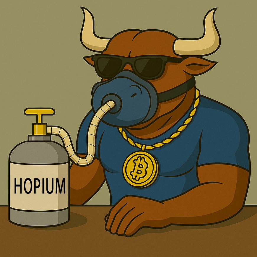 ثور يمثل شخصية BTC Bull مرتدياً قلادة بيتكوين، ويبدو مستمتعاً باستنشاق غاز