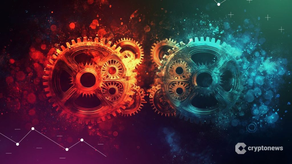 مجموعتان من التروس المتشابكة، وتتوضع كل مجموعة على خلفية مختلفة الألوان