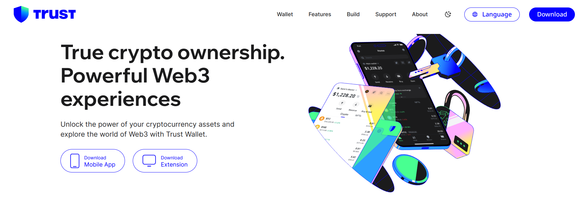موقع محفظة Trust Wallet وخياران لتنزيل تطبيق الهاتف المحمول أو إضافة متصفح الحاسوب