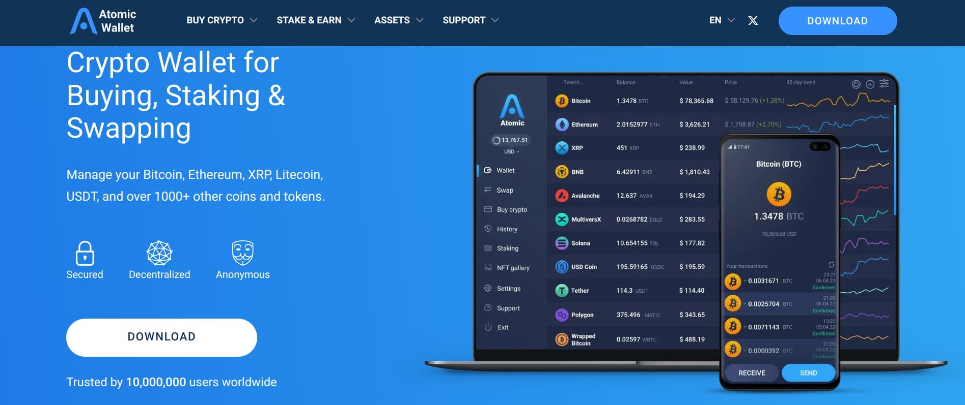 الصفحة الرئيسية لموقع محفظة Atomic Wallet وزر تنزيل التطبيق