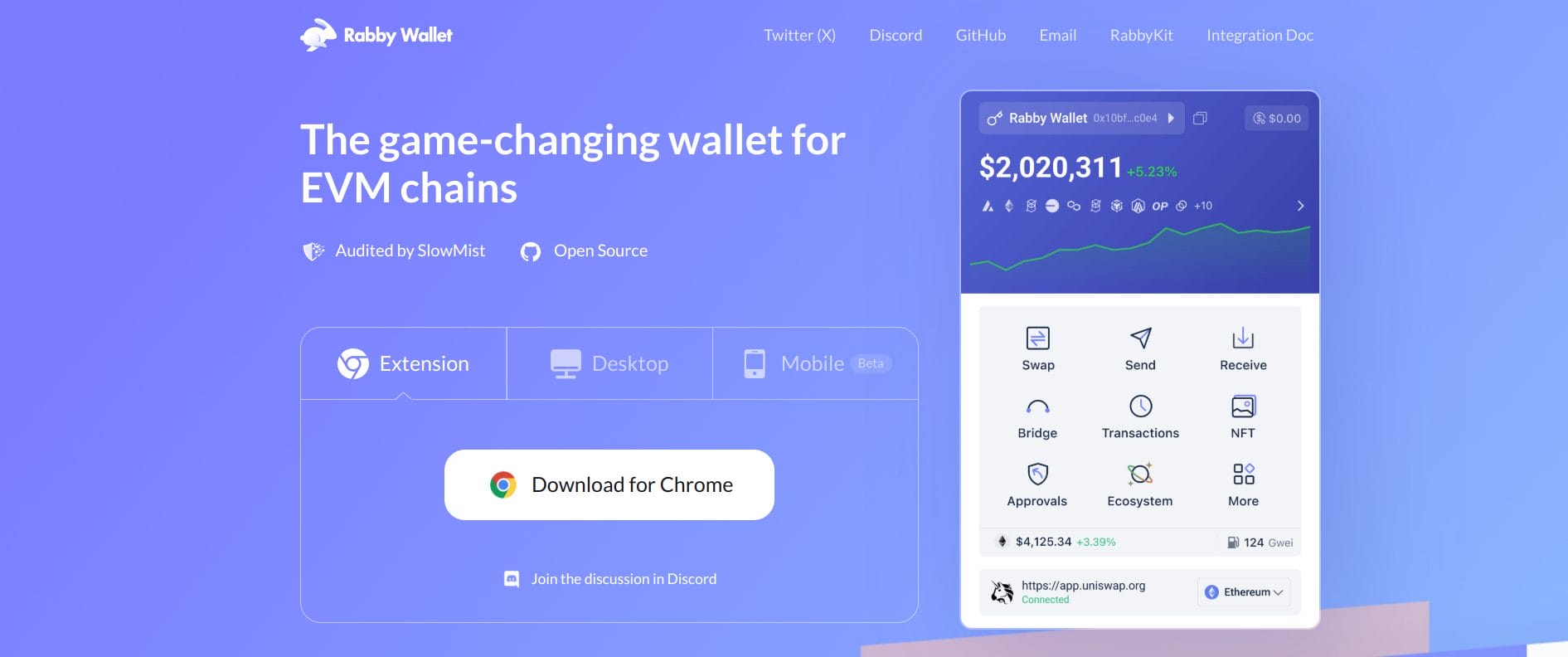 الصفحة الرئيسية لموقع محفظة Rabby وخيارات تنزيل التطبيق