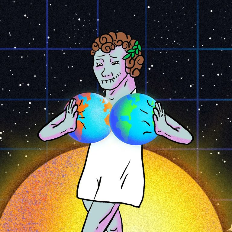 شخصية Wojak تحمل كرتين أرضيتين كبيرتين إلى صدرها