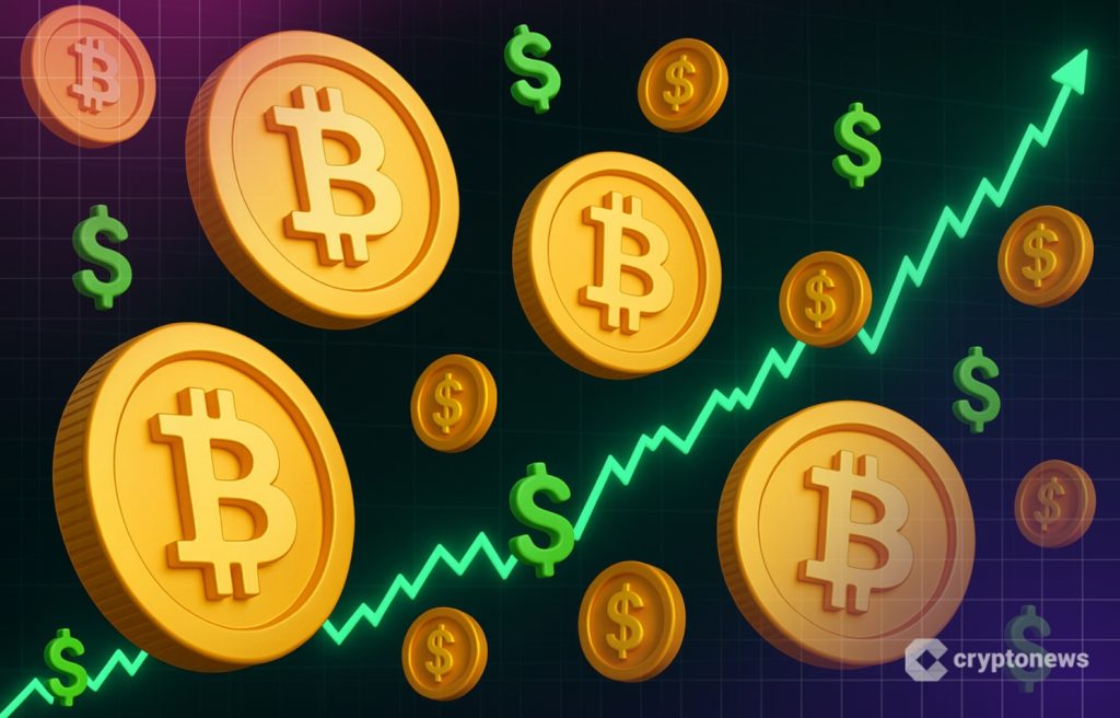 سهم بياني صاعد يخترق مجسمات لعملة بيتكوين وأخرى تمثل الدولار