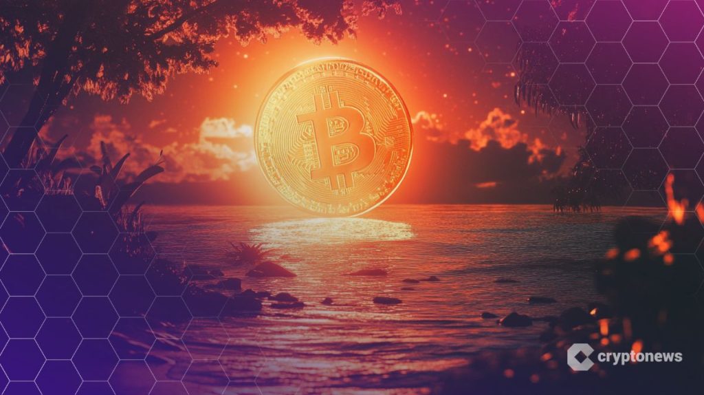 شمس بيتكوين ذهبية تشرق على سطح بحيرة محاطة بأشجار وسحب