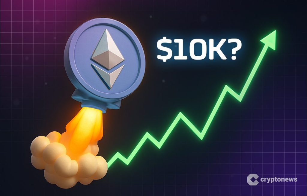 صاروخ يحمل شعار إيثيريوم منطلقاً للأعلى وبجانبه سهم صاعد وتساؤل حول إمكانية بلوغ قيمة 10,000$