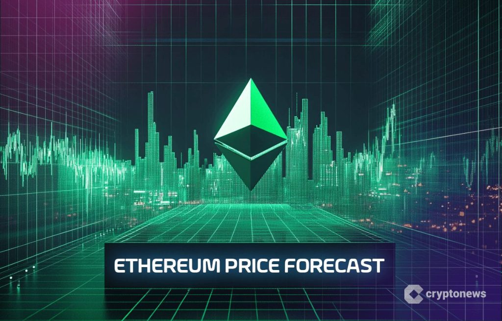 رمز عملة إيثيريوم على خلفية مخطط بياني باللون الأخضر وعبارة توقعات سعر إيثيريوم