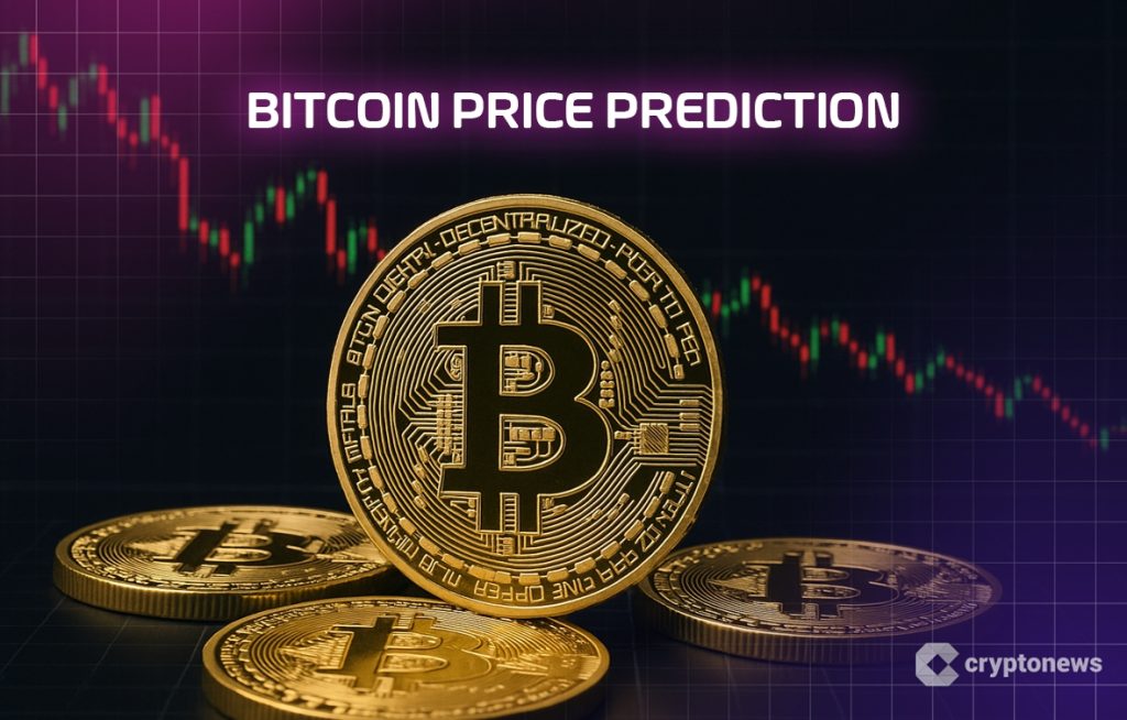 عملات ذهبية تحمل شعار بيتكوين، وفي الخلفية مخطط بياني تتصدره عبارة توقعات سعر بيتكوين