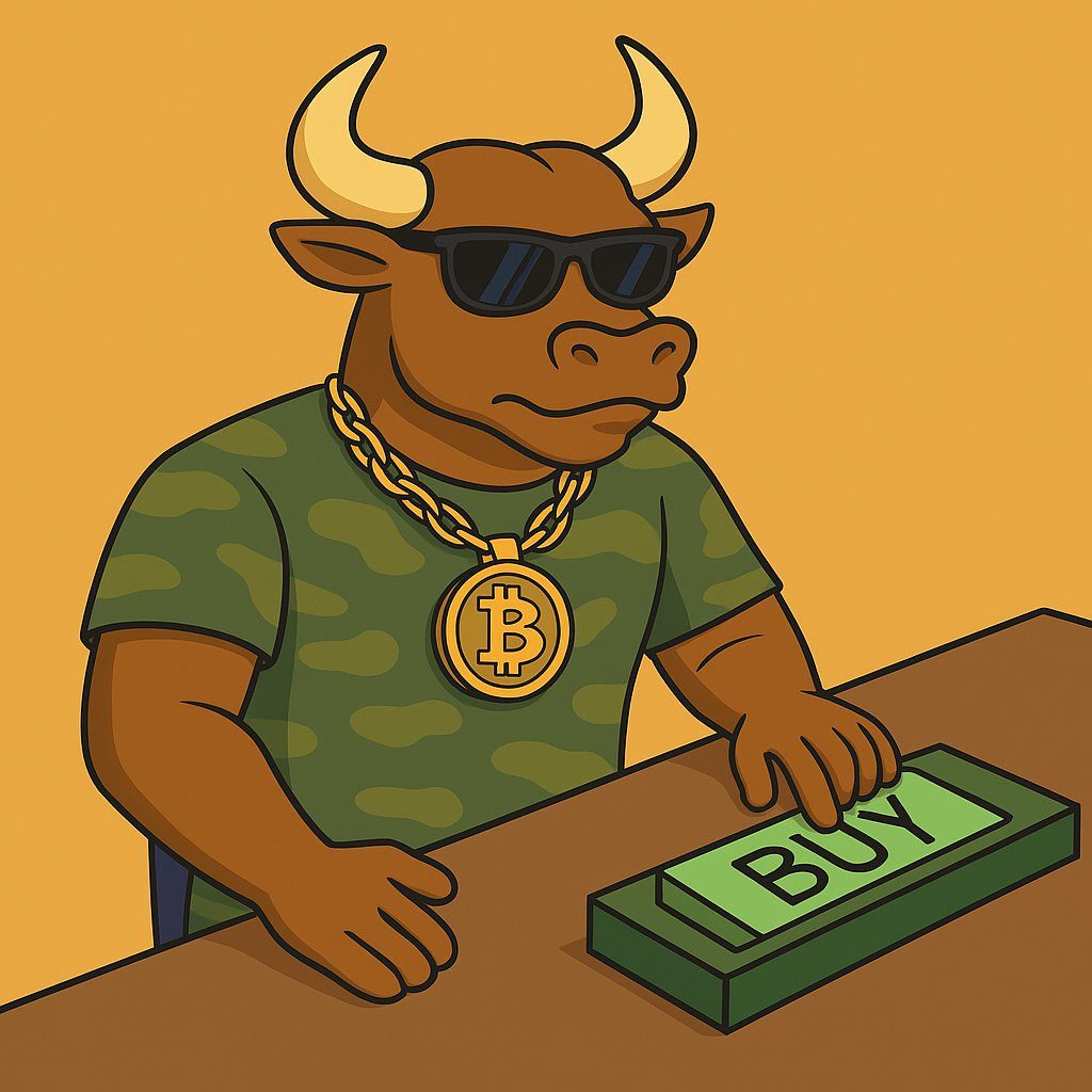 ثور عملة BTCBULL يرتدي قلادة من عملة بيتكوين ويضغط على زر الشراء