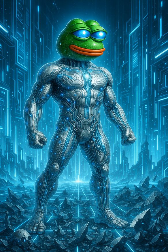 شعار MIND of Pepe بعيون متوهجة وجسم بطل خارق