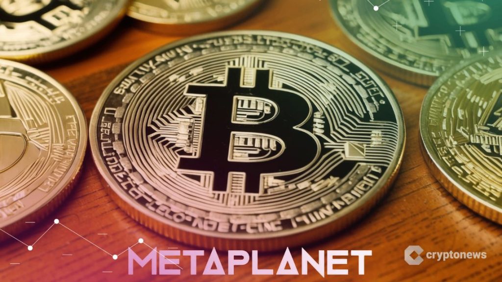 عملة تحمل شعار بيتكوين وسط عملات ذهبية وأمامها اسم Metaplanet