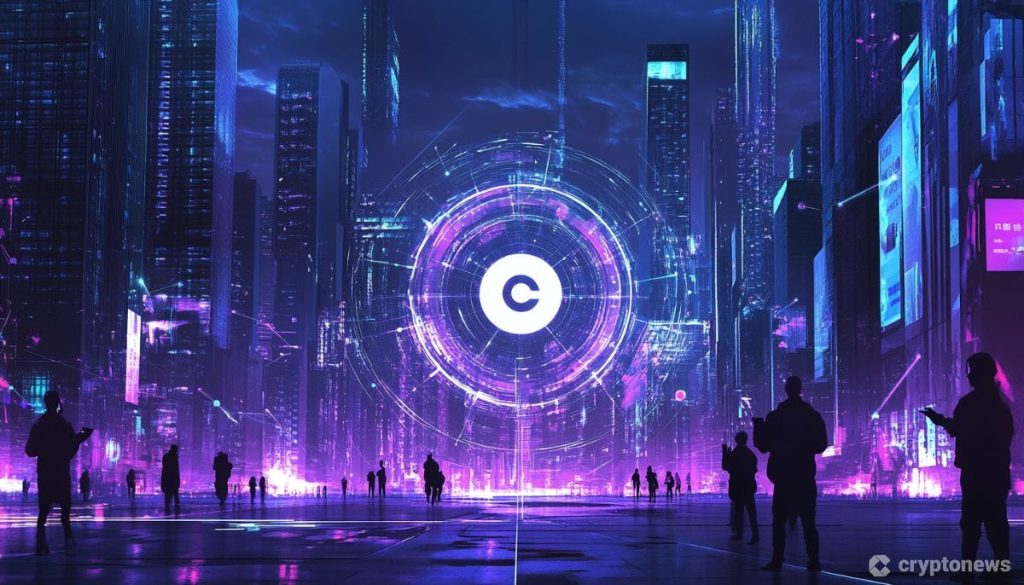 شعار شركة Circle وسط أضواء جذابة ومبان ضخمة وأشخاص كثر

