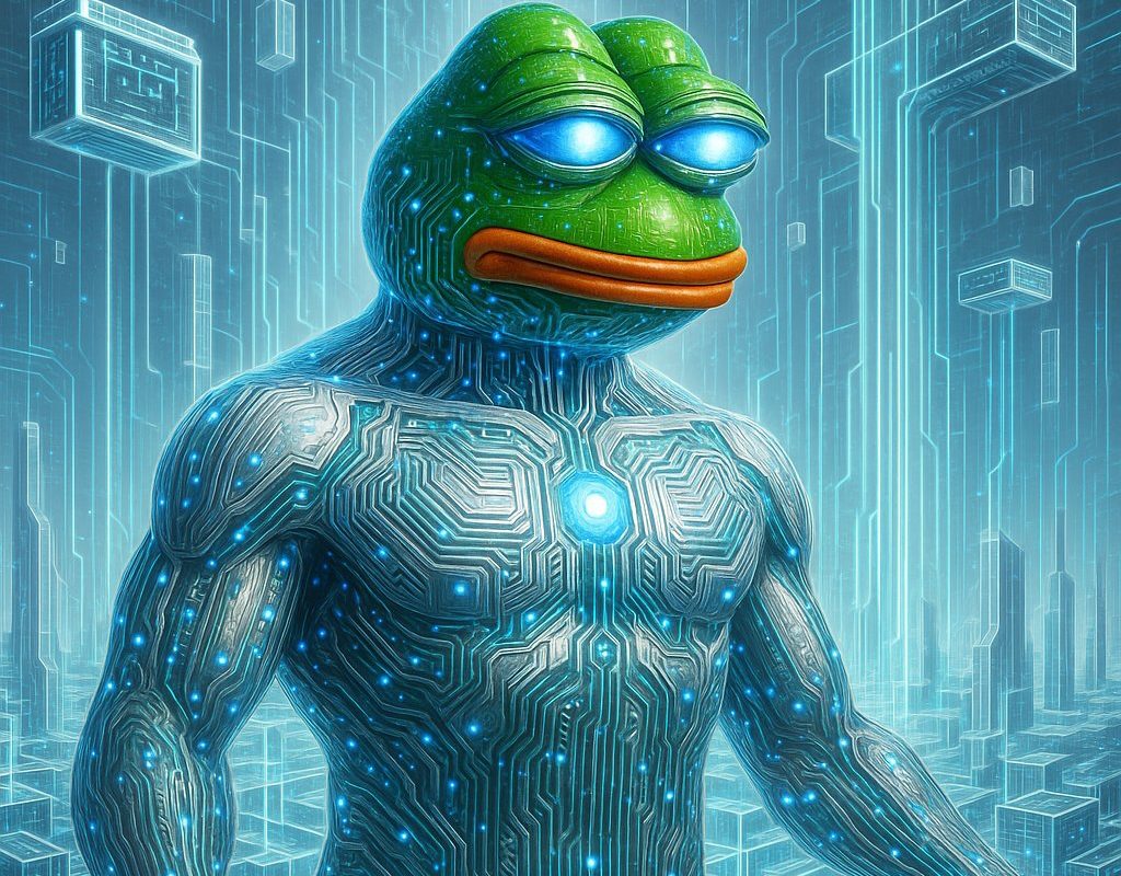 شعار Mind of Pepe على هيئة روبوت بجسد بشري ورأس ضفدع براق العينين