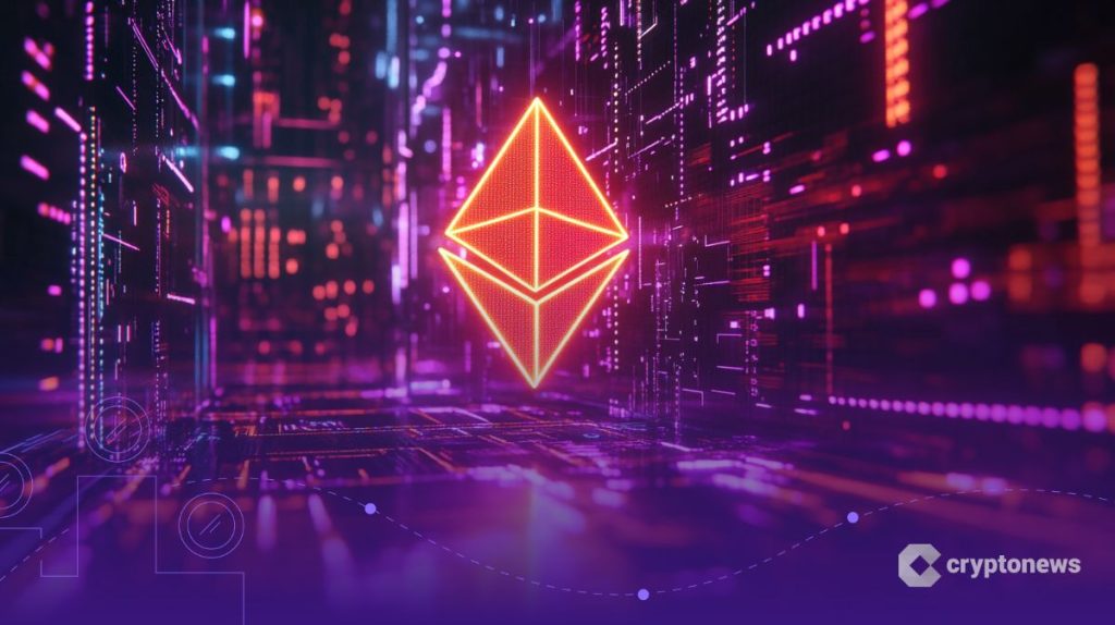 شعار إيثيريوم يتوهج وسط مبان ضخمة وأضواء إحدى المدن