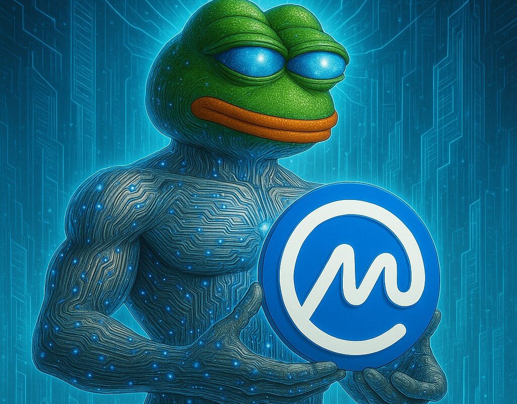 ضفدع Mind of Pepe يحمل بيديه شعار موقع CoinMarketCap