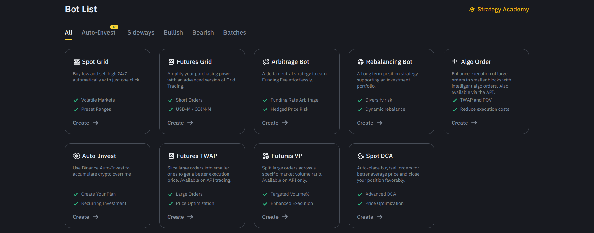 قائمة روبوتات التداول التي توفرها منصة بينانس