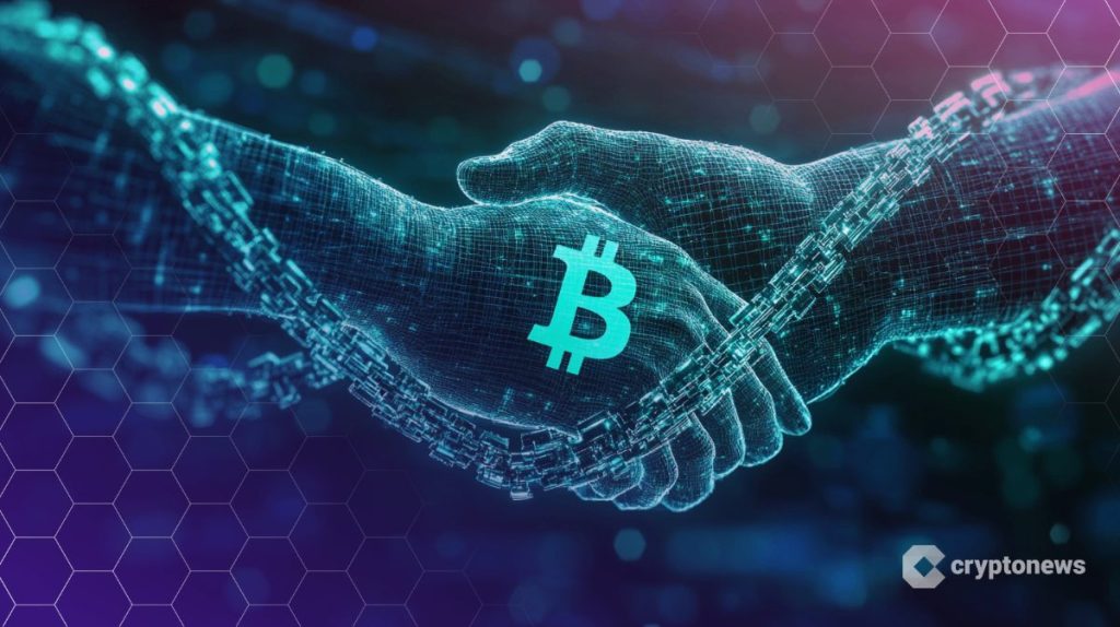 يدان رقميتان تسلمان على بعضهما حولهما سلاسل وعلى إحداهما شعار بيتكوين