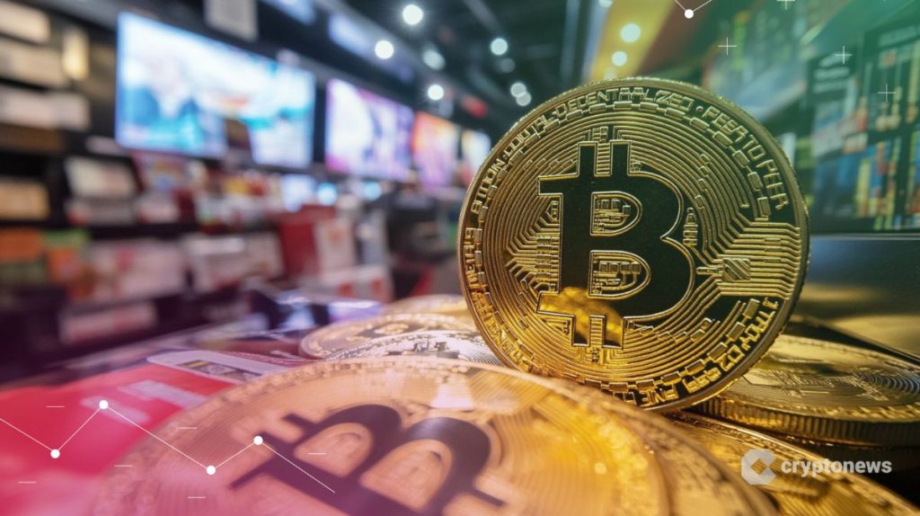عملة تحمل شعار بيتكوين وراءها شاشات وكتب غير واضحة