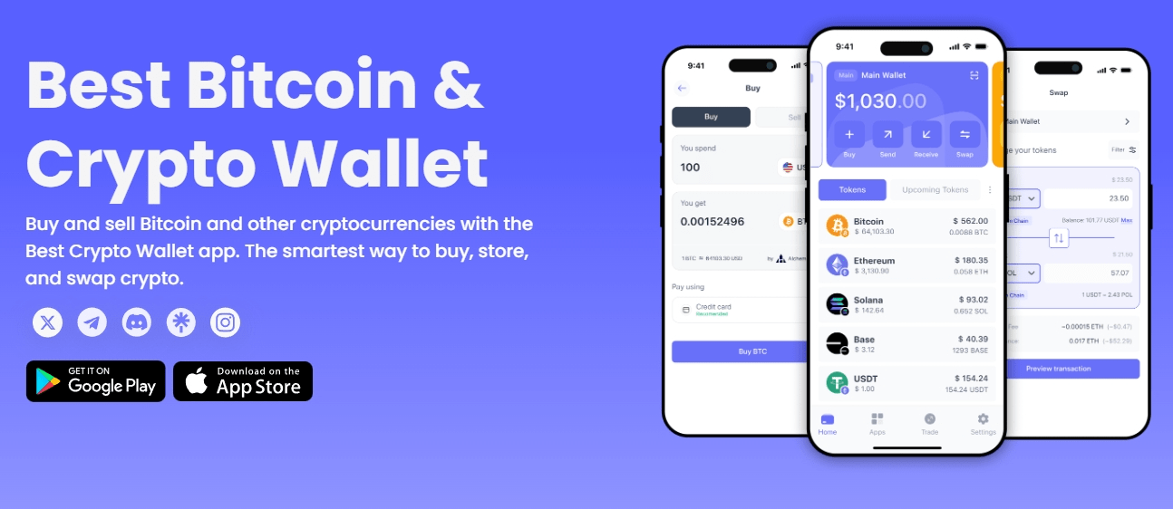 موقع محفظة Best Wallet يعرض مزايا الشراء والتخزين والمبادلة بين العملات الرقمية مع روابط تحميل التطبيق من متجري App Store وGoogle Play
