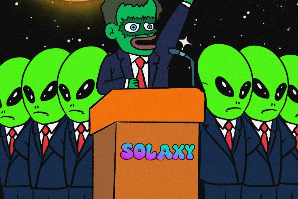 رسوم متحركة لرئيس يلقي خطاباً وبجانبه حشد من الفضائيين، مع شعار Solaxy على المنبر