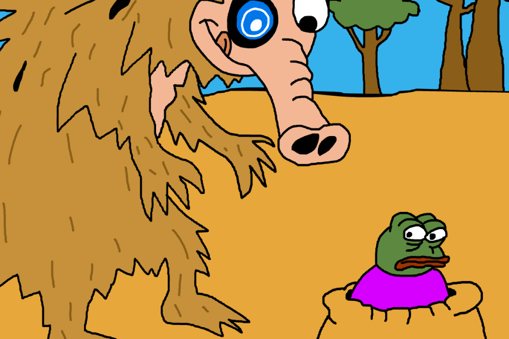 شخصية آكل النمل (Snorter) تحدق في ضفدع بيبي يبدو خائفاً