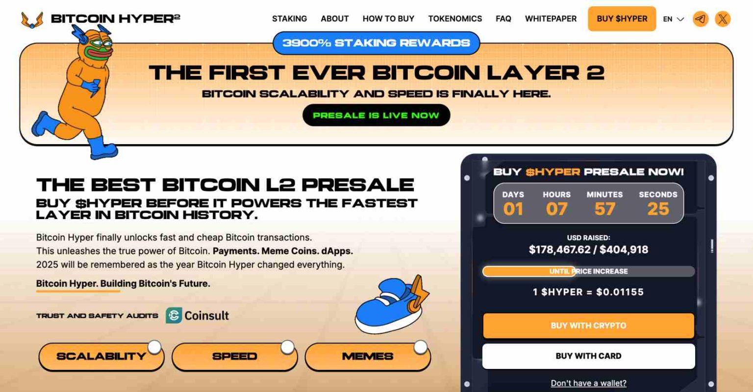 الصفحة الرئيسية لموقع Bitcoin Hyper ويظهر فيها قسم الاكتتاب ومعلومات أخرى