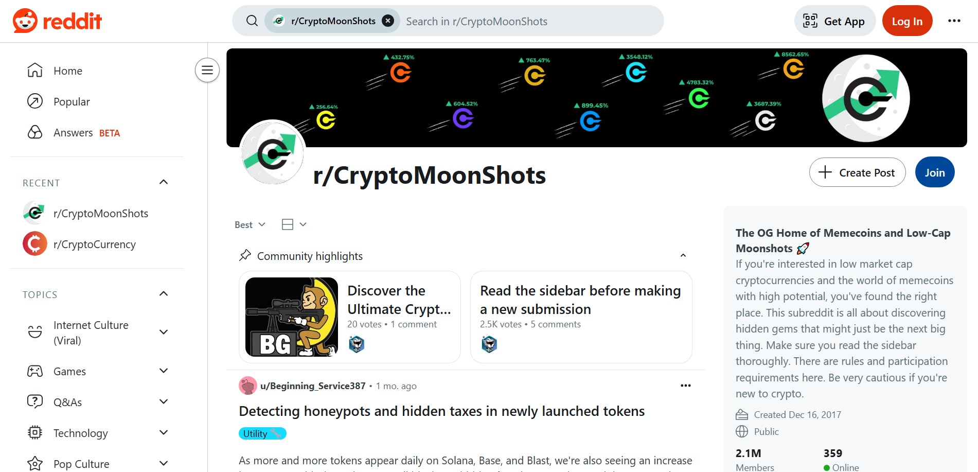 مجتمع r/CryptoMoonShots على منصة ريديت للبحث عن عملات رقمية لها مستقبل