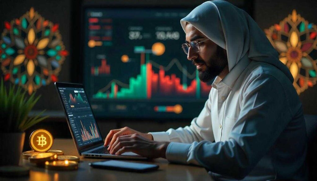 رجل مسلم يراقب أداء العملات الرقمية الحلَال عبر منصة تداول