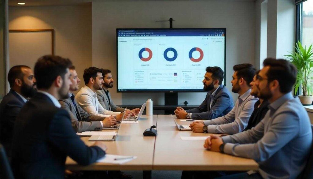 اجتماع رجال أعمال يناقشون استراتيجيات الاستثمَار في العملات الرقمية الحلال باستخدام تحليلات بيانية