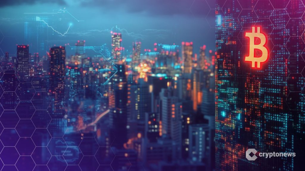 أبنية ضخمة بأضواء جذابة، ويتصدر شعار عملة بيتكوين (Bitcoin) واجهة أحدها