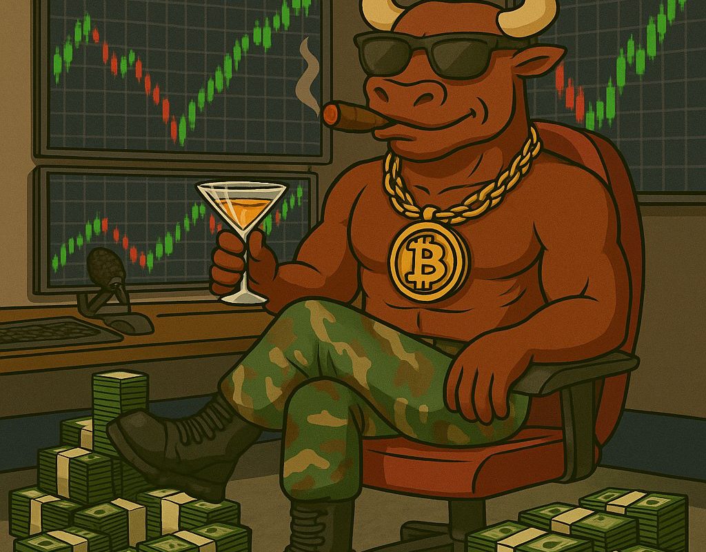 شخصية مشروع BTC Bull على كرسي وبيده كأس نبيذ، وفي الخلفية مخططات بيانية صاعدة وأوراق نقدية