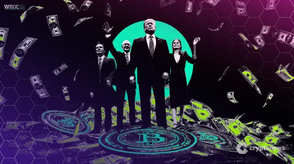 دونالد ترامب وبجانبه بعض الشخصيات المشهورة يقفون على عملات بيتكوين ودولارات