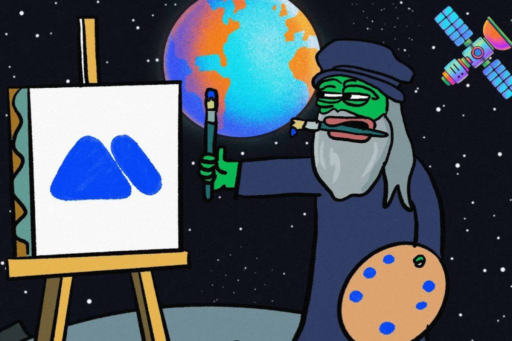 شخصية عملة سولاكسي بأسلوب رسام محترفٍ يرسُم شعار منصة MEXC، وفي الخلفية كوكب الأرض وقمر صناعي