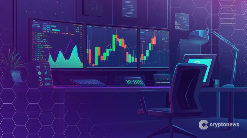 مكتب وعليه ثلاث شاشات تعرض مخططات بيانية