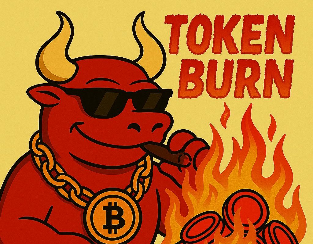 ثور بنظارات سوداء وحول رقبته قلادة عليها رمز عملة بيتكوين يشعل سيجارته من عملات تحترق