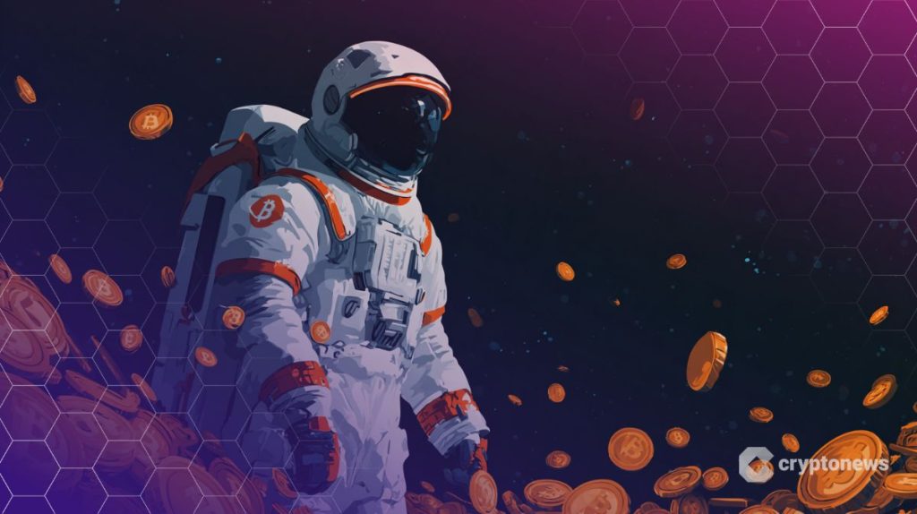 رائد فضاء يقف بين عملات ذهبية متطايرة تحمل شعار بيتكوين