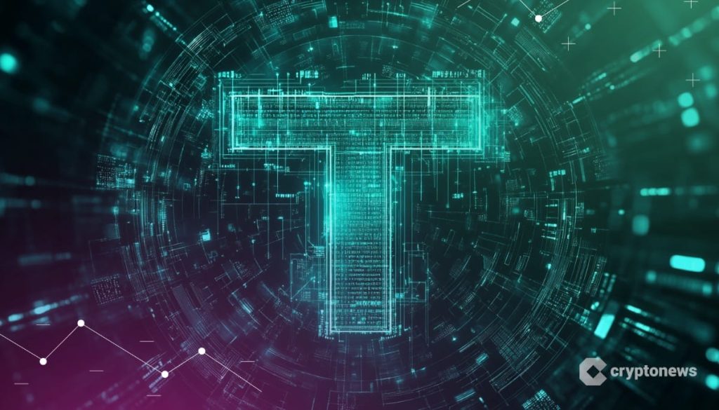 حرف T (الممثل لشعار شركة Tether) وسط ألياف ضوئية وبيانات متدفقة عبر الإنترنت
