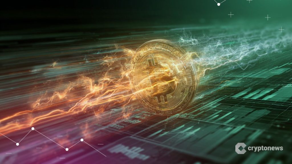 مجسم ذهبي لعملة بيتكوين (Bitcoin) على هيئة شهاب ناري منطلق للأعلى