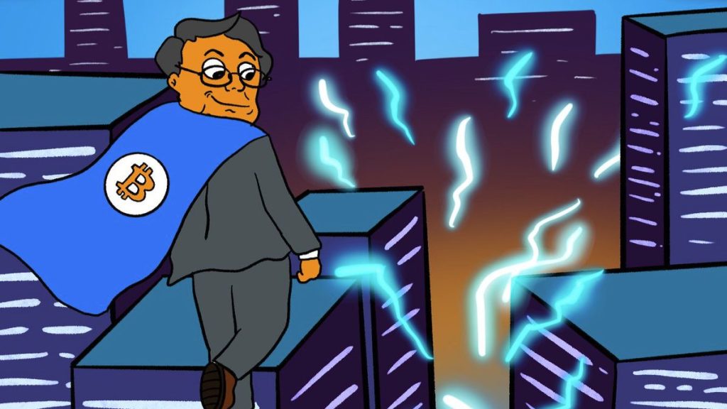 رجل يرتدي بدلة رسمية وعباءة زرقاء عليها شعار عملة بيتكوين، ويقف على سطح مبنى بينما تتوهج حوله أضواء زرقاء كهربائية في الهواء