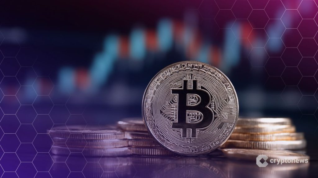 Golden currencies bearing the Bitcoin logo in the background