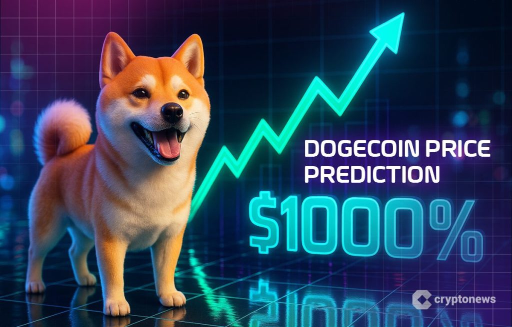 كلب عملة دوجكوين يبتسم وبجانبه عبارة توقعات بارتفاع سعر عملة دوجكوين بنسبة 1,000%
