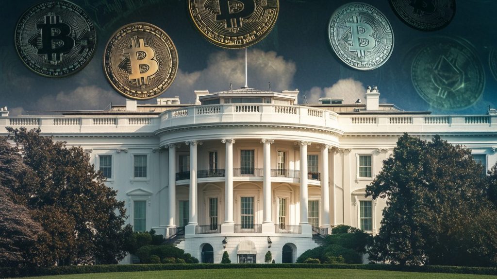 البيت الأبيض فوقه عملات بيتكوين وإيثيريوم معدنية