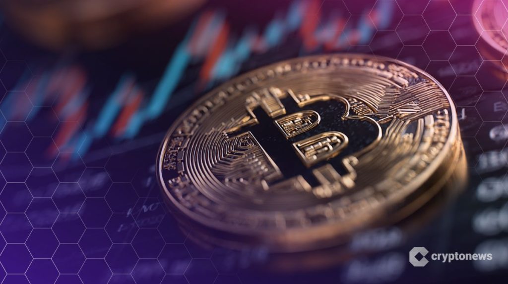 عملة ذهبية عليها شعار عملة بيتكوين (Bitcoin) فوق مخططات بيانية سعرية