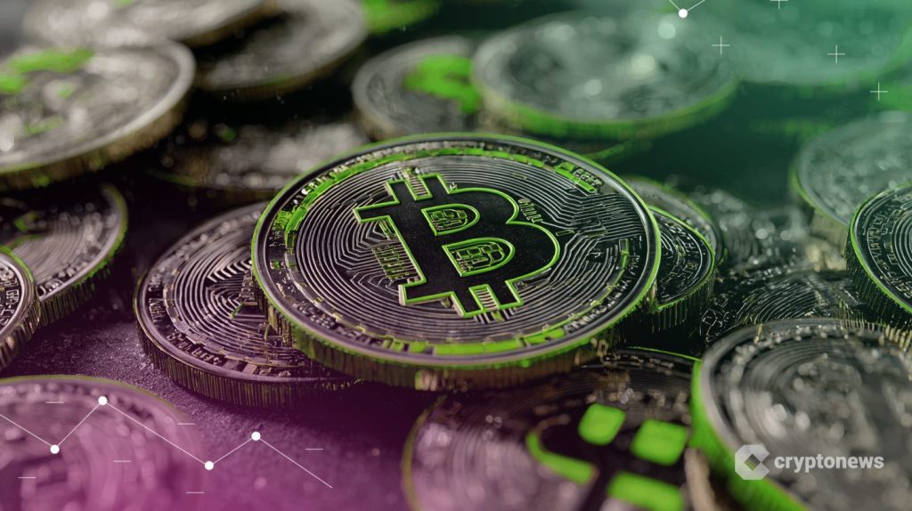 عملات معدنية متناثرة تحمل شعار بيتكوين