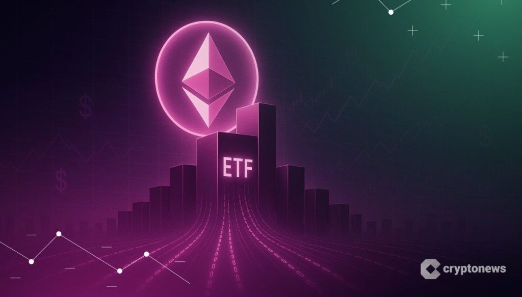 مدينة ذات أبنية عليها ETF وقمر مشع عليه شعار عملة إيثيريوم