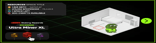 PepeNode coin frog in his room surrounded by information about the virtual mining game