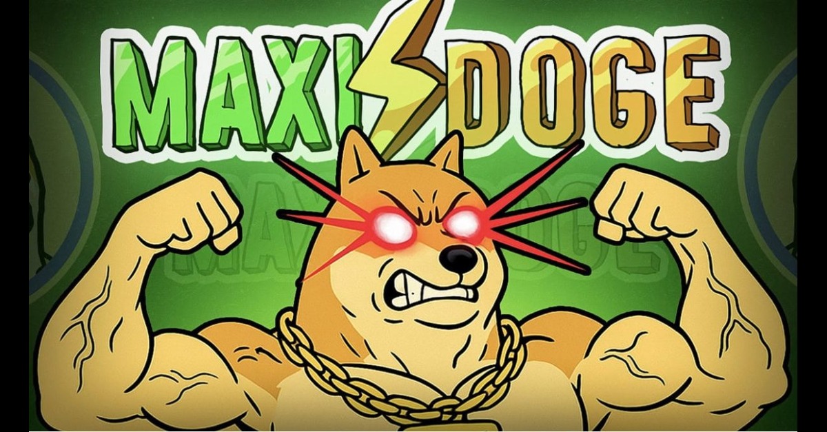 شخصية عملة ماكسي دوج (Maxi Doge) يستعرض عضلاته معبراً عن القوة 