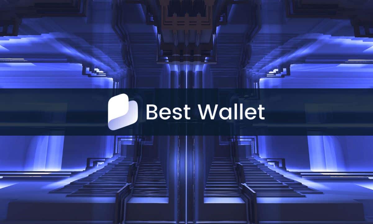 شعارعملة بيست والت (Best Wallet Token) على خلفية رقمية زرقاء رمزية لتقنية البلوكشين 