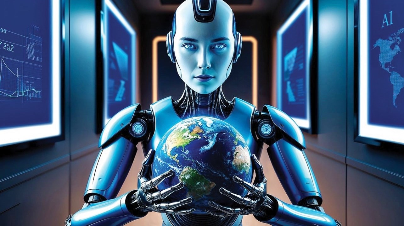 روبوت يحمل نموذج لكوكب الأرض في بيئة رقمية حديثة ترمز إلى الذكاء الاصطناعي